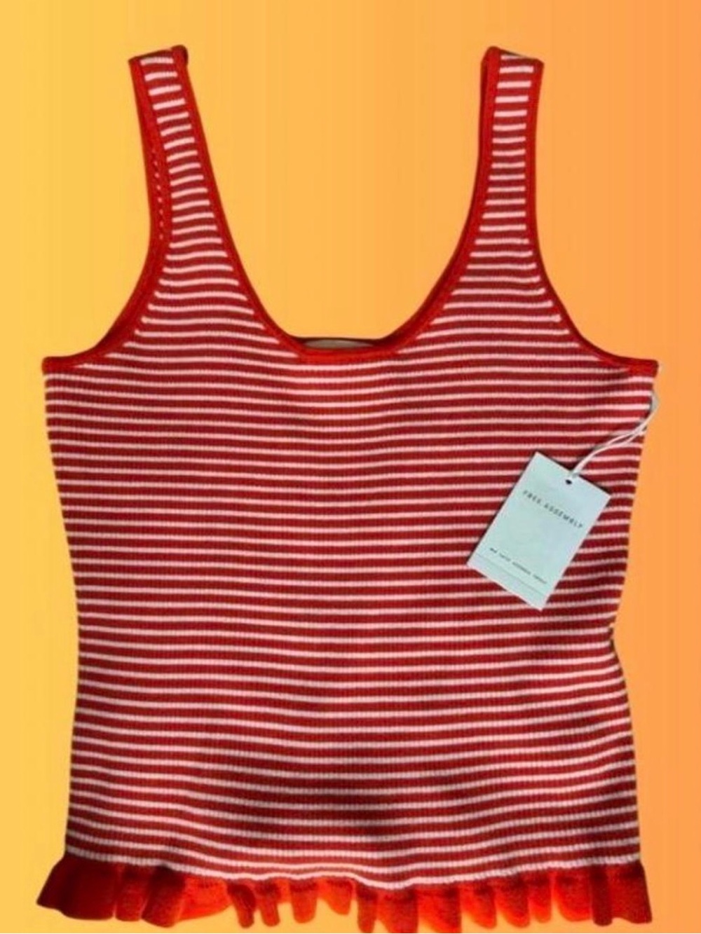 Orange & White Striped Ribbed Tank Top with Ruffle Hem